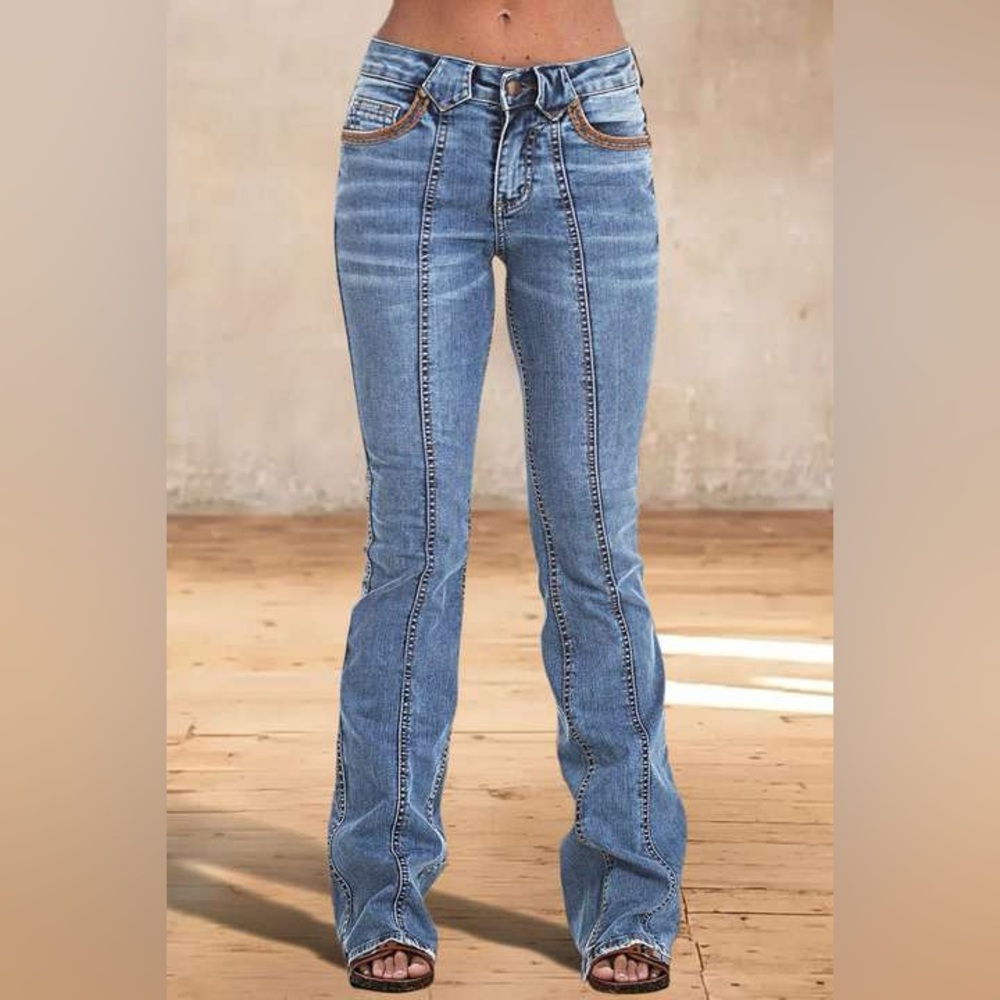 Wash Contrast Stitch Low Waist Bootcut Jeans flamingals size L/XL FL5-2 - Picture 12 of 16